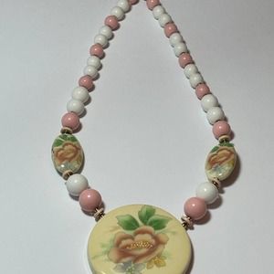 Vintage‎ Porcelain Beaded Necklace W/ Victorian Rose Pendant